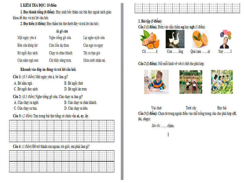 đề thi cuối kì I môn Tiếng việt 1